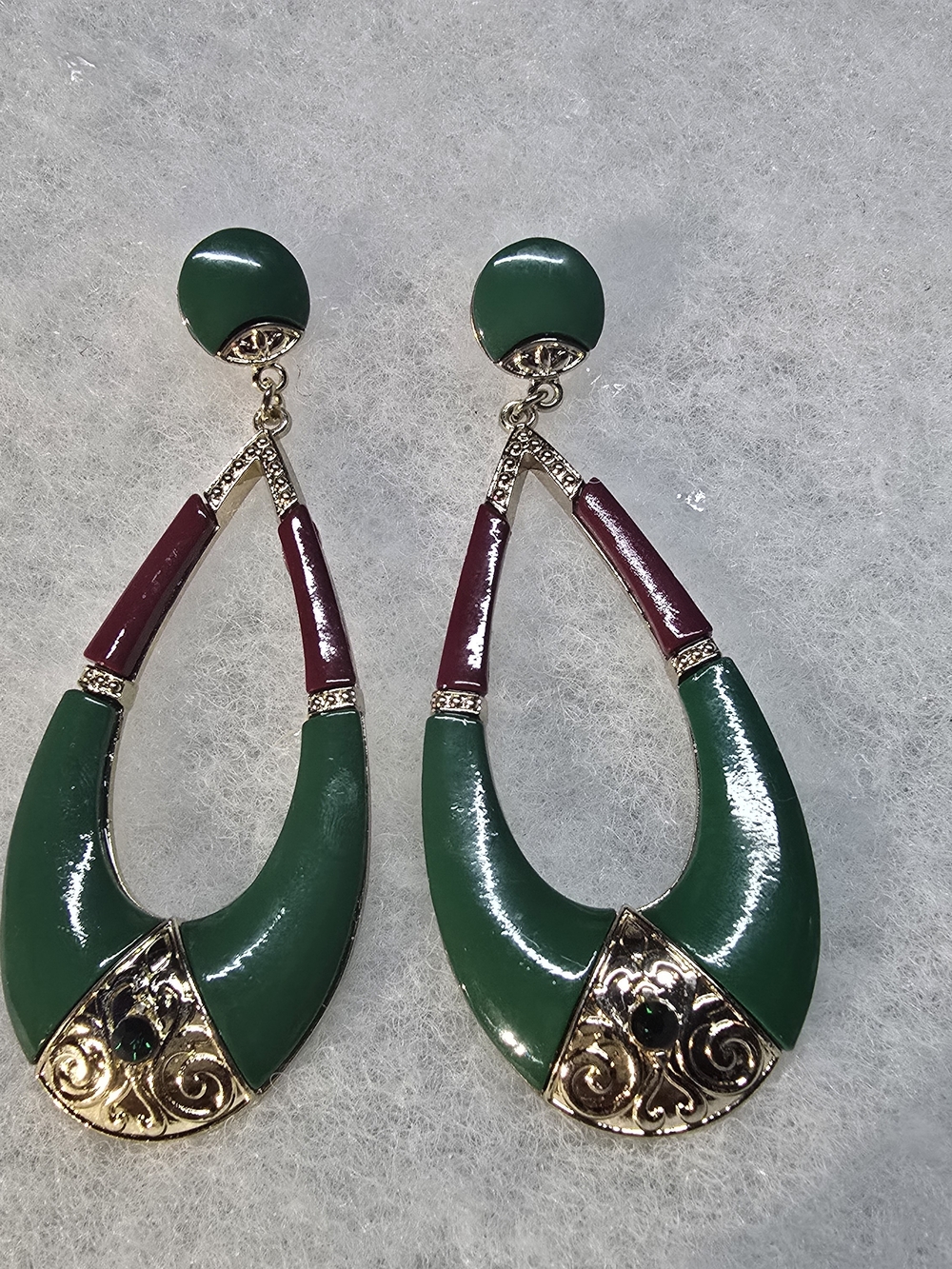 Green and Burgundy Teardrop Statement Earrings - Gold Accent